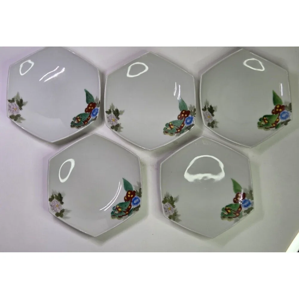 Set Of 5 Hexagonal Plates Hand Painted Foo Dogs Dragons Floral 7.25